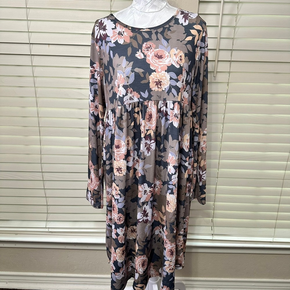 BOMBOM‎ Babydoll Dress Size Medium Gray Floral Long Sleeve Cottagecore USA Made